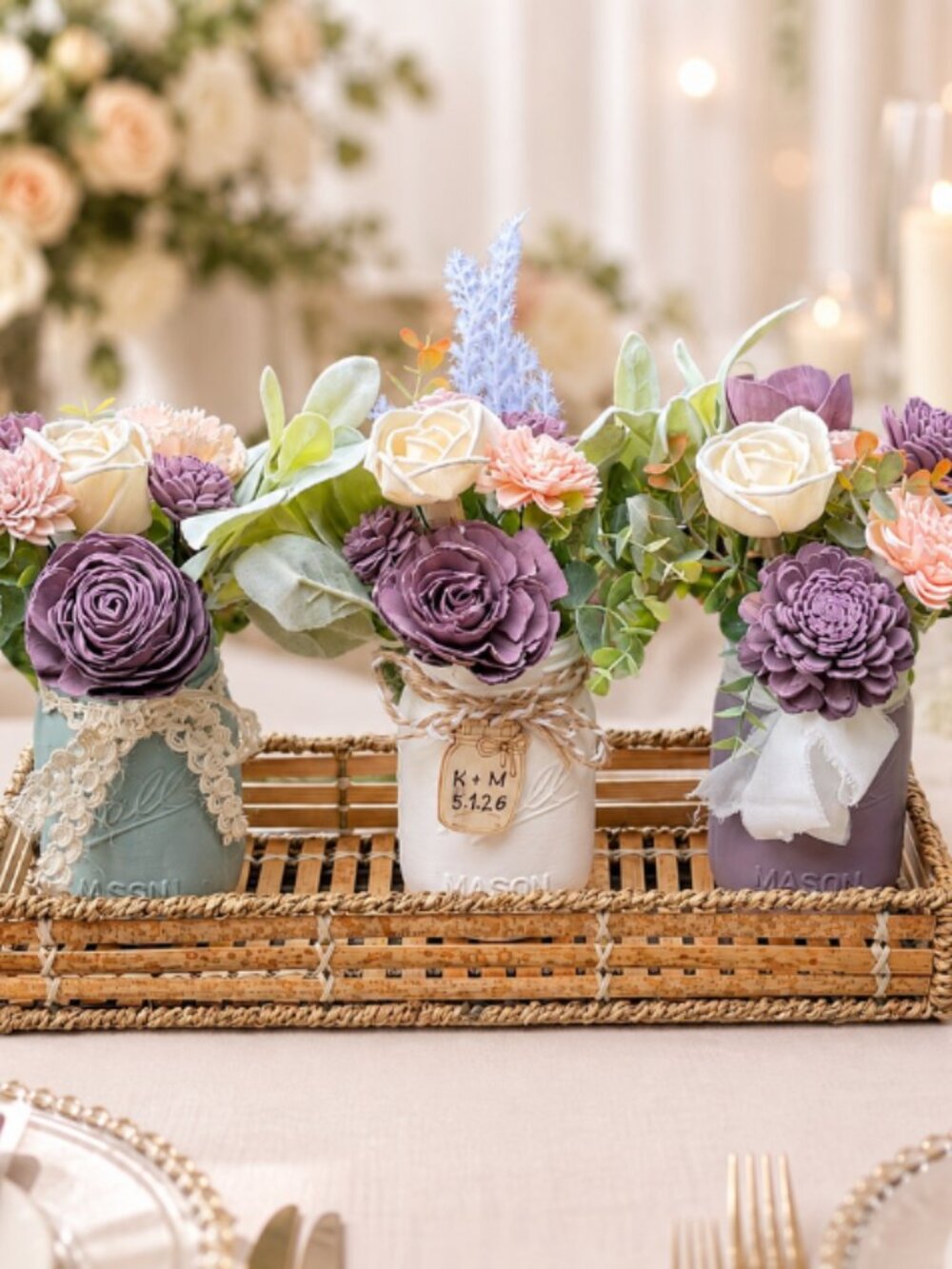 Sola Wood Lavender Wedding Floral Table Centerpieces Set of 3 Mason Jar Decor